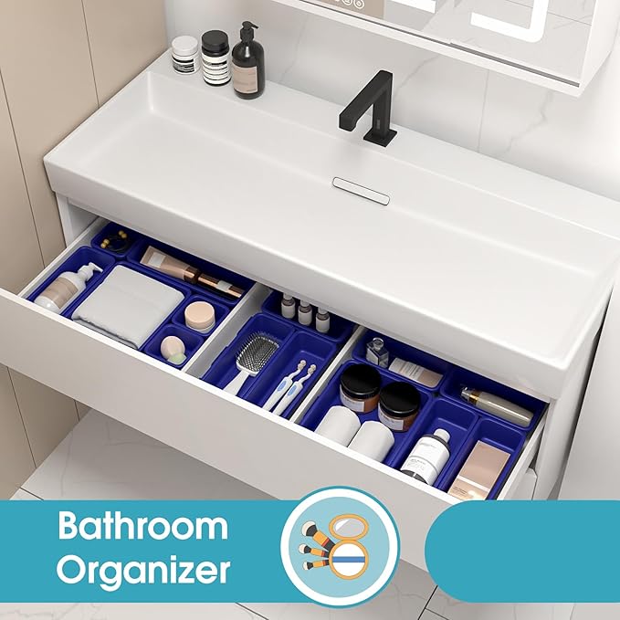 10 PCS Drawer Organizer Set, 4 Size Makeup Drawer Divider Organizer With Non-Slip Pads, Interlocking Plastic Storage Bins for Office,Jewelry Vanity,Gadgets, Bathroom,Kitchen, Navy
