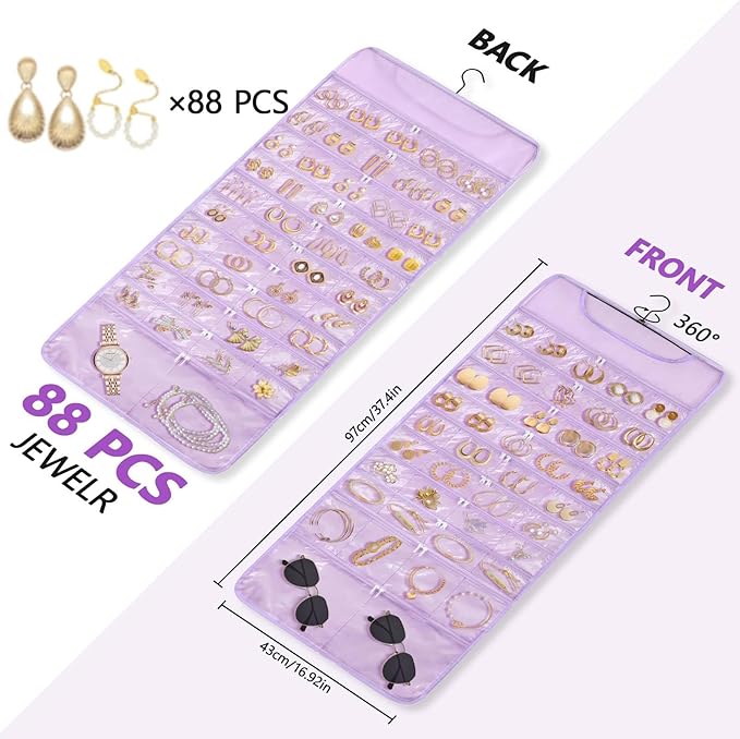 FOREGOER Hanging Jewelry Organizer with 88 Zippered Pockets, Dustproof Foldable for Travel, Accessories Organizer for Holding Jewelries Earring Organizers and Storage (Purple)