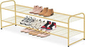 AOODA Long 2 Tier Shoe Rack for Closet Metal Wide Stackable Shoe Storage Organizer for Entryway, Bedroom, Floor, 18-Pairs Low Sneaker Shelf, Golden