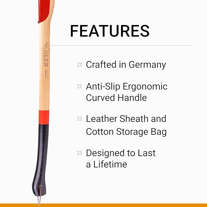 Adler Super Splitter - German Made, Wood & Rounds Splitting Axe with Hollow-Forge Design, 31.5" Hickory Handle with Anti-Slip Grip, 6.2 lb Head, Premium Leather Sheath