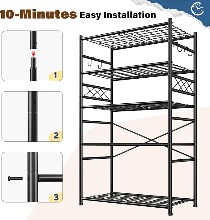 Storage Shelves 5-Tier Large Capacity Wire Shelving with Hooks, Heavy Duty Garage Shelving Unit with Leveling Feet, Stable Metal Shelf for Pantry, Kitchen and Closet, 72" H x 36" W x 12" D, Black