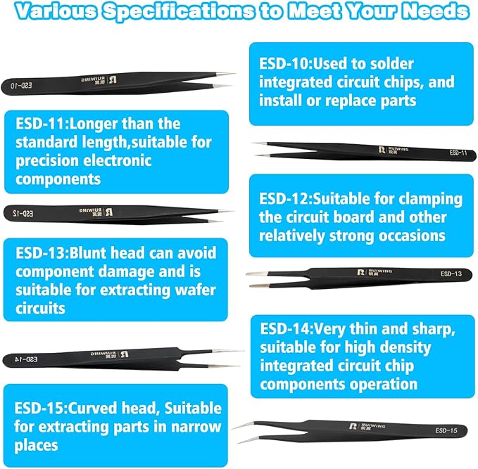 6PCS Precision Tweezers Set, ESD Anti-Static Heavy-Duty Stainless Steel Electronic Tweezers for Electronics Repair, Laboratory, Soldering, Jewelry Making Tools Straight & Curved Tips, Precision Tools