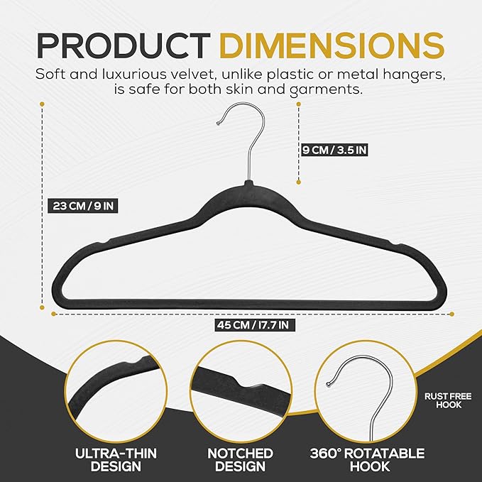 Techzoo 50 Pack New Premium Quality Velvet Hangers Ultra Thin Non Slip Adult Felt Space Saving Hangers for Closet Heavy Duty Coat Pants Jackets Dress Hangers 360° Swivel Hook Hold Upto 10 lbs Black