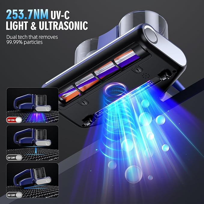 Mattress Vacuum Bed Vacuum Cleaner 16Kpa Suction 253.7nm UV-C Light, 140°F Heated Air, 30000 RPM Brushroll, Ultrasonic, HEPA Filter, Handheld Vacuums for Carpet/Sofa, 500W Corded, (Light Blue)
