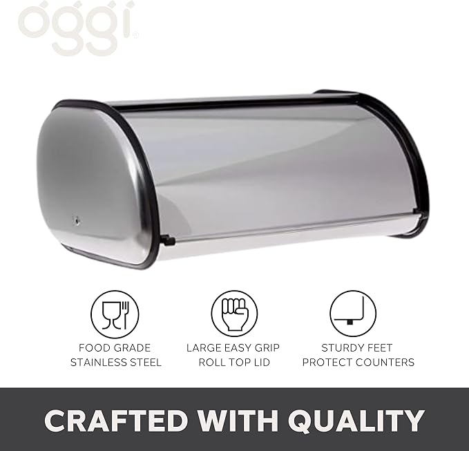 Oggi Stainless Steel Roll Top Bread Box for Kitchen Countertop with Stainless Steel Lid - Fits Multiple Large Loaves of Bread and Other Freshly Baked Goods Including Cookies, Bagels, Muffins