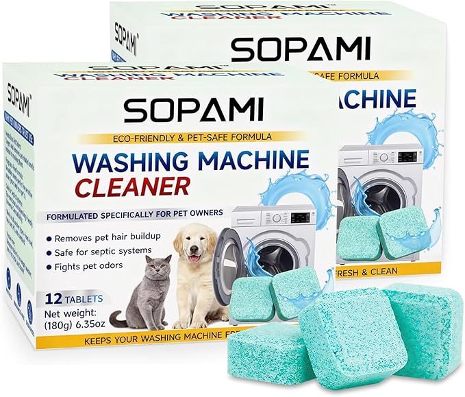 SOPAMI Washing Machine Cleaner Tablets 12 Pack, Deep Clean HE Front Load Top Load Washer, Remove Stubborn Pet Hair Odors, Septic Safe Pet Owner Solution washing machine tablets