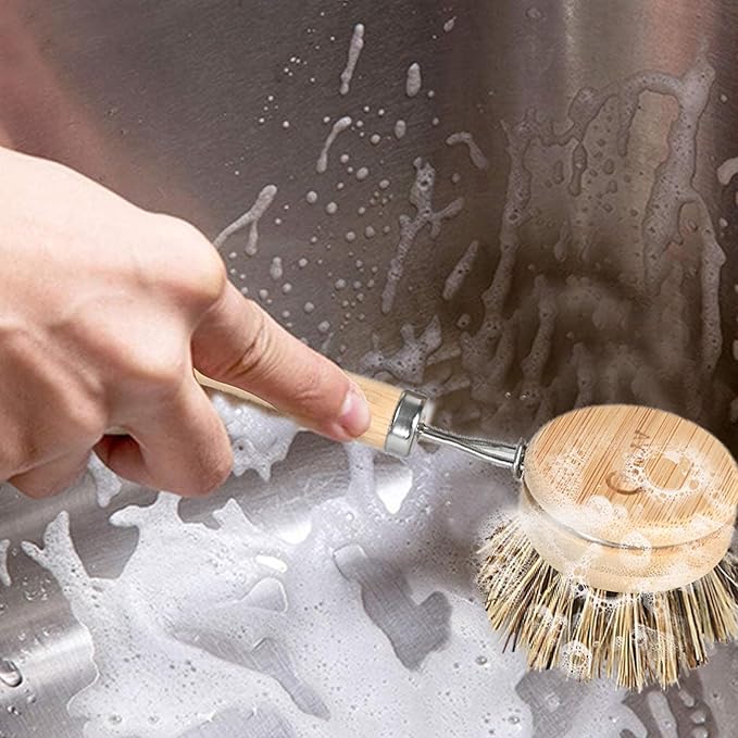 Bamboo Dish Scrubber with Handle - Hard Bristle, Natural Kitchen Brush, Sustainable & Biodegradable, Bamboo Brush for Dishes, Pans and Pots