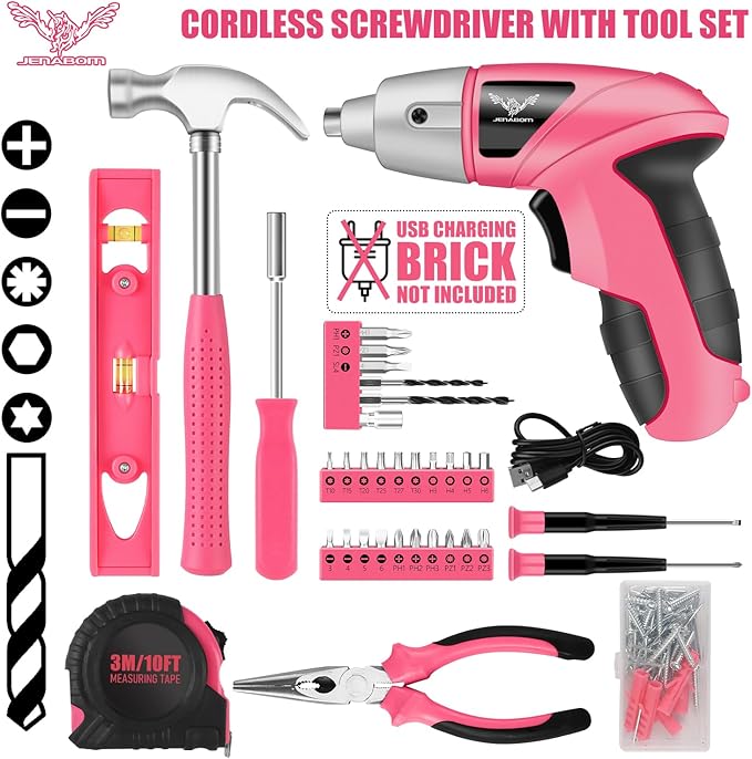 Cordless Screwdriver Rechargeable 3.6V, Pink Tool Kit with Small Drill, 112 PCS Home Tool Set for Home, Hand Tool Kits for Women