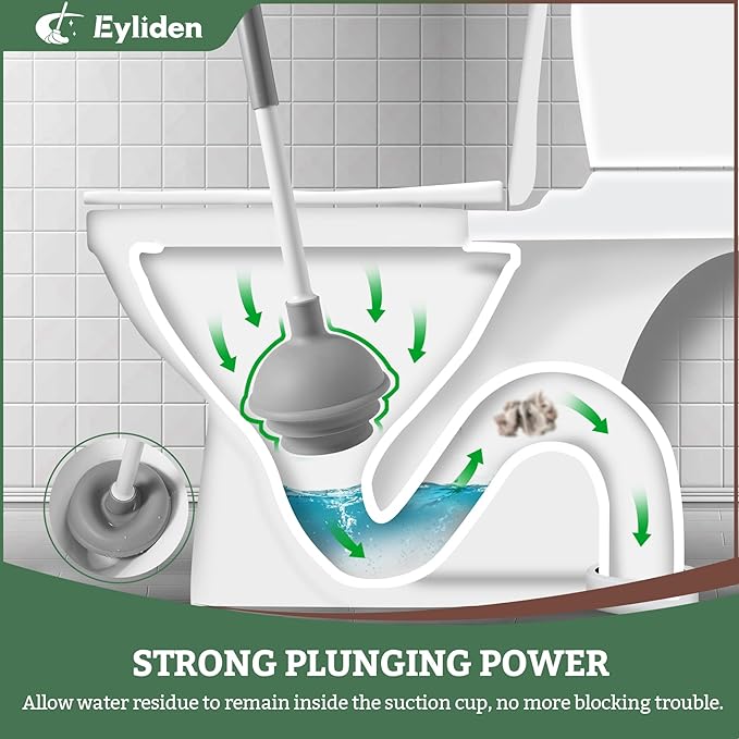 Eyliden Toilet Plunger & Brush Set, Upgrade 3-Step Suction Cup - Ultra-Tight Seal, Durable, Space-Saving Toilet Deep Cleaning Combo with Holder, Bathroom Essentials, White & Grey, Nylon Bristles