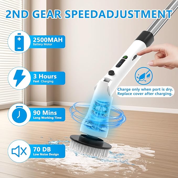 Electric Spin Scrubber, Hillyfe Bathroom Scrubber Electric with 7 Replaceable Brush Heads, IPX7 Waterproof,300/400 RPM, 3 Adjustable Length,Scrubber Brush Electric for Bathtub Floor,White