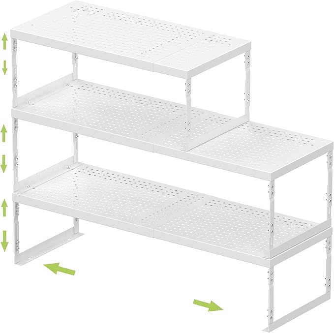 Jojocross Adjustable Stackable Metal Storage Shelf Organizer - Expandable Wire Rack with Perforations for Kitchen, Pantry, Bathroom, Cabinet & Office-Compact, Durable & Sturdy (3PACKS/Large/White)