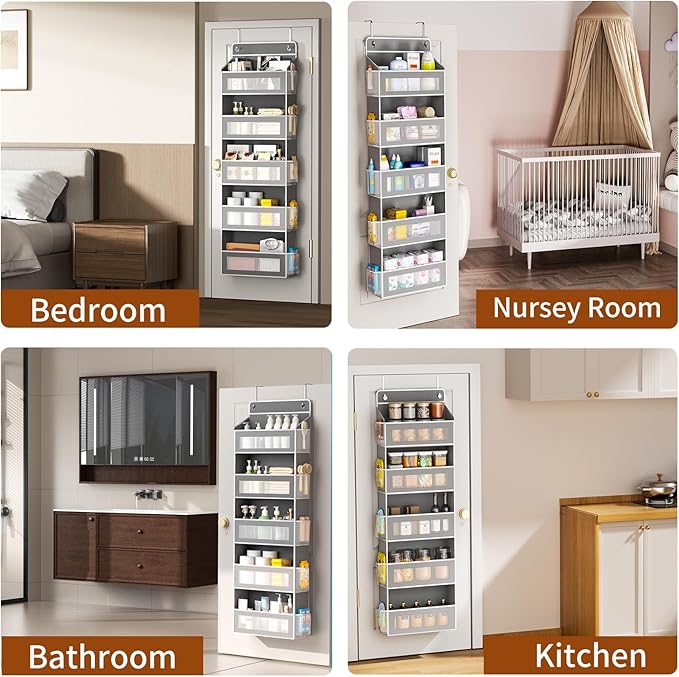 Over The Door Organizer, Over the Door Storage with 5 Large 10 Side Pockets, Hanging Door Organizer 44 lb Load Behind Door Storage, Hanging Shelf for Closet Wall Bedroom Bathroom Nursery, 5-Tier Grey