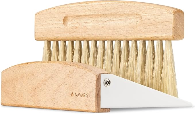 Navaris Small Dustpan and Brush Set - Wooden Mini Dustpan and Compact Horsehair Brush for Sweeping Table and Countertop - White