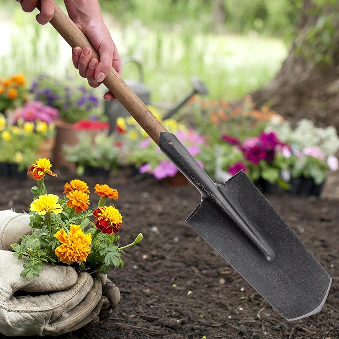 Metal Gardening Spade and Handle Shovel for Digging, Narrow Tip Manganese Steel Tree Planting Tool, Thickened Sturdy Garden Hand Shovel for Lawn and Outdoor Use