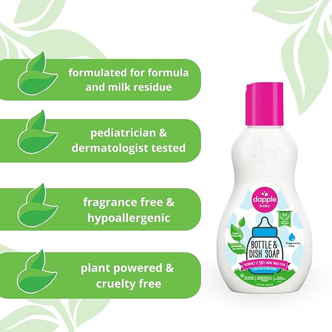 Dapple Baby Bottle Soap, Hypoallergenic Dish Soap for Baby Bottles, Powered by Plants, Travel Size, Fragrance Free, 3 Fl Oz (Pack of 2)