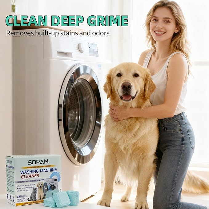 SOPAMI Washing Machine Cleaner Tablets 24-Pack (12 Month Supply) for HE/Top/Front Load Washers - Removes Stubborn Pet Hair, Odors, Mold & Residue, Septic Safe & Fragrance Free
