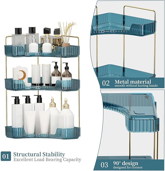 INVSSENE Corner Bathroom Countertop Organizer, Vanity Organizer Trays for Counter, Makeup Organizers, Perfume Tray, Skincare Shelf Storage Gifts for Women Girl Student (Blue, 3 Tiers)
