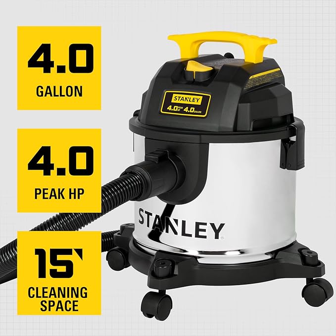 STANLEY 4 Gallon Wet Dry Vacuum, 4 Peak HP Stainless Steel 3 in 1 Shop Vacuum Blower with Powerful Suction, Vacuum for Job Site, Garage, Basement, Workshop, Top Handle, Portable Wet Dry Vac SL18301-4B