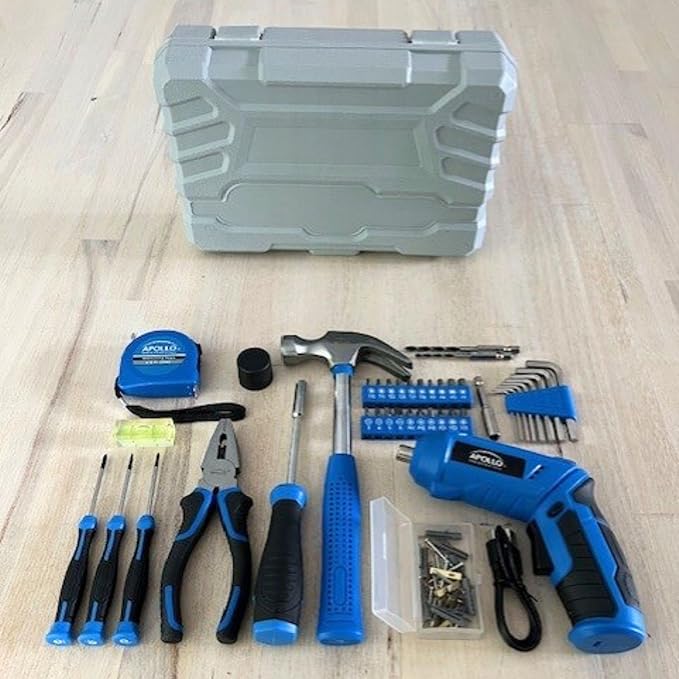 Apollo Tools 81-Piece Home Tool Set with 3.6V Li-Ion USB Cordless Screwdriver, Rotating Handle, LED Light, Hand Tools & Picture Hanging Kit – Compact Household Repair & DIY Kit, Blue/Gray DT2020