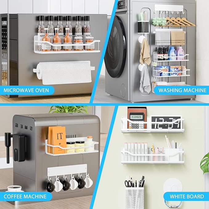Multifunctional Magnetic Shelf for Washing Machine, Refrigerator, Microwave, Coffee Maker, and Any Metal Surface, Powerful Magnetic Shelves Include Magnetic Paper Towel Holder (8 pcs - White)