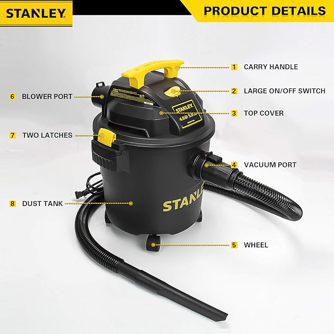 STANLEY Wet Dry Vacuum, 5 Gallon Shop Vac with Blower, 4 Peak HP 3 in 1 Power Suction Cleaner for Home, Jobsite, Garage, Basement, Shop Vacuum Wet and Dry for Car, Warehouse, Pet, Model: SL18115P