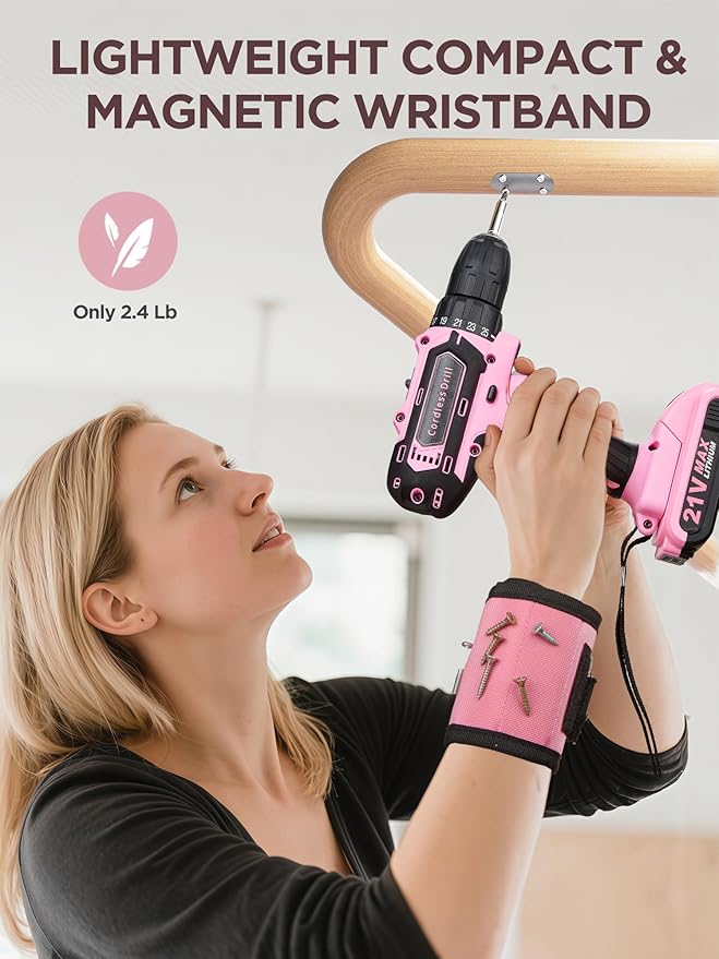 Pink Cordless Drill Set 142 Pcs, 21V Pink Power Drill Tool Set Kit with Storage Bag, Electric Drill Set for Women, Precision Screwdriver set, Magnetic Wristband, for Home DIY Projects