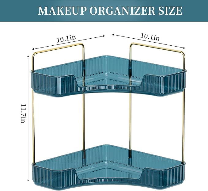 INVSSENE Corner Bathroom Countertop Organizer, Vanity Organizer Trays for Counter, Makeup Organizers, Perfume Tray, Skincare Shelf Storage Gifts for Women Girl Student (Blue, 2 Tiers)