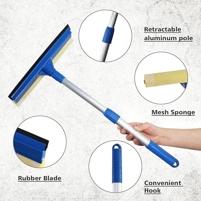 Professional 2-in-1 Window Squeegee with Telescopic Stainless Steel Handle (13.3"-18.9") | Sponge & Scraper for Glass, Shower, Car & High Surfaces