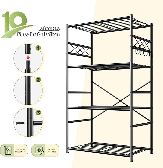DurayLoly Storage Shelves 4 Tier Shelf Organizer,Metaling Shelving with Hooks,Heavy Duty Garage Shelves Unit with Leveling Feet,Wire Shelving for Pantry,Kitchen and Closet,23.6" W x 13.8" D x 60.4" H