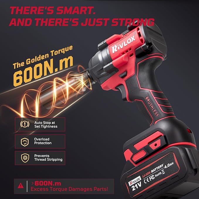 Cordless Impact Wrench1/2 Inch, 600N. M/450Ft-lbs Power Impact Gun Kit, High Torque Electric Impact Driver for Car RV Tire,LED Light,4.0Ah Battery,Car/DIY Furniture/Home,Power tools,Red Toolbox