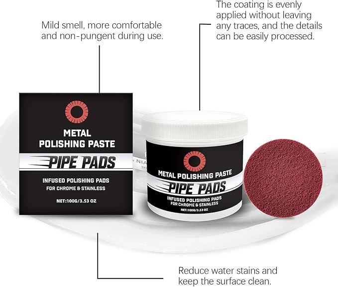 Metal Polishing Care Kit, Metal pol ish Paste Protectant Scratch Remover, Pipe Dream Infused Polishing Pads, Chrome pol ish Compound, Protective Coating Formula, For Pipes, Stacks, Exhausts, Wheels