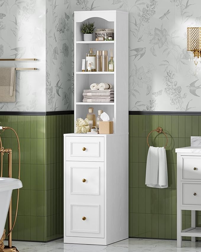 67" Tall Bathroom Storage Cabinet with 4 Open Shelves, Drawer & Cabinet, L-Shaped Narrow Bathroom Storage Cabinet with Adjustable Shelf, Bathroom Storage Cabinet for Bathroom, Living Room, White
