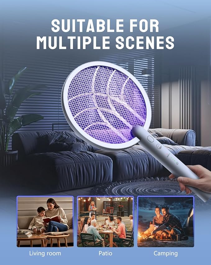 Electric Fly Swatter Racket, Mosiller 2 in 1 Bug Zapper with Type-C Rechargeable Base, 4000V Mosquito Killer with 3-Layer Safety Mesh for Pest Insect Control for Indoor、Office、Camping(Grey-1 Pack)