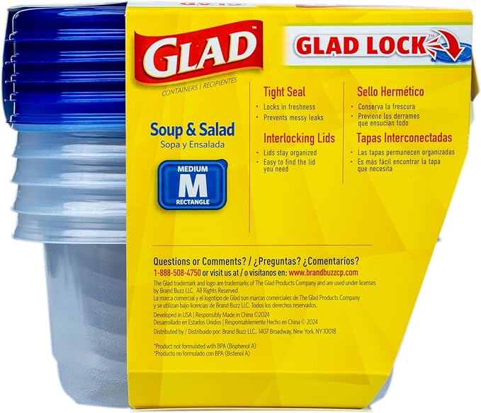 Glad GladWare Medium Rectangle Food Storage Containers with Lids, BPA Free Plastic for Soups Salads and Meal Prep, Airtight Leak Resistant, Microwave Dishwasher Freezer Safe, 24 Oz, 5 Count