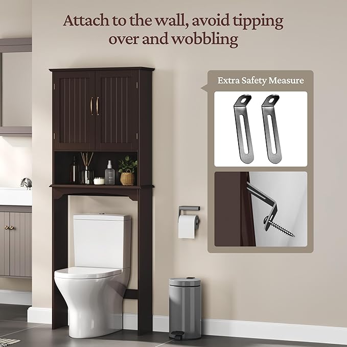 Yaheetech Over The Toilet Storage with 2 Doors & Adjustable Shelf, Free Standing Toilet Rack Wooden Space-saving Collect Cabinet, Bathroom Furniture, 9Dx24.5Wx66H Inches, Espresso