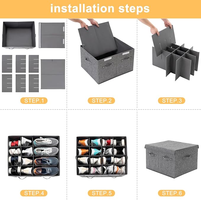Shoe Organizer for Closet Fits 16 Pairs, Large Shoe Storage Box Bins Containers with Lid and Adjustable Dividers for Shoes, Sneakers and High Heeled, Hard Shell and Stackable (Grey)
