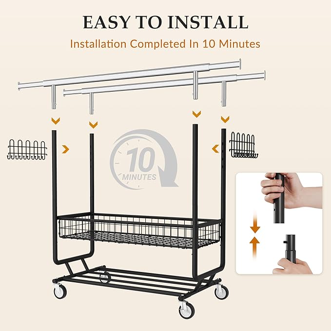 Gewudraw Heavy Duty Clothes Rack with Metal Basket, 1060 LBS Rolling Double Rod Garment Rack, Portable Extendable Clothing Rack with Wheel for Bedroom, Laundry Room & Retail Store
