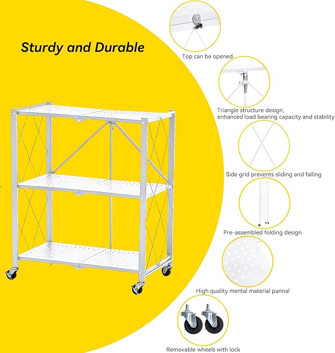 BRIAN & DANY 3-Tier Foldable Storage Shelves with Wheels, No Assembly Folding Shelf Metal Rack, Shelving Unit for Kitchen, Garage, White