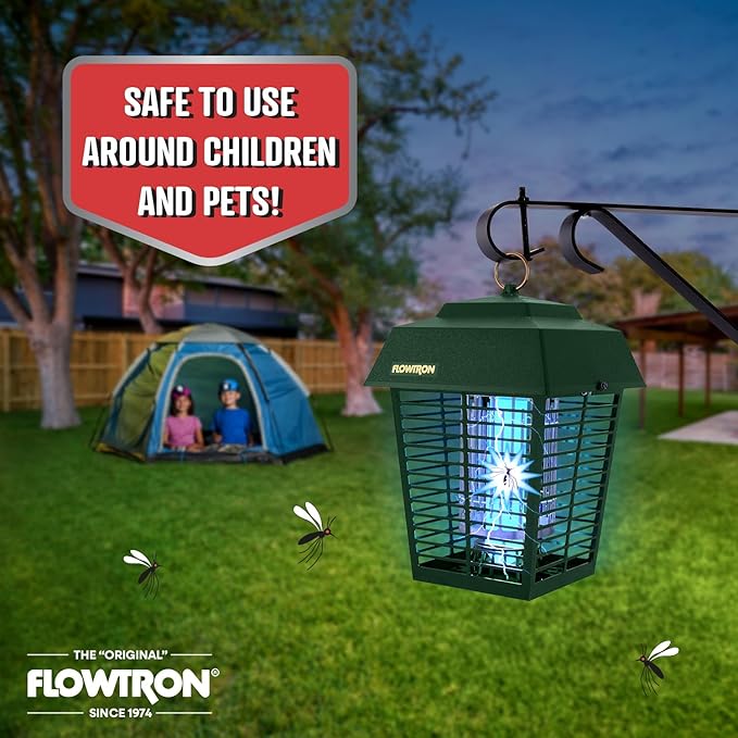 Flowtron Electric Bug Zapper 1/2 Acre Outdoor Insect Control with Dual Lure Method, 15W UV Light & Octenol Attractant for Fly & Mosquito, 5600V Kill Grid, Made in USA, UL Certified - Green Color