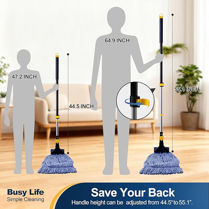 Yocada Looped-End String Wet Mop Heavy Duty Cotton Mop Commercial Industrial Grade Telescopic Iron Pole Jaw Clamp Floor Cleaning 55.1 inch