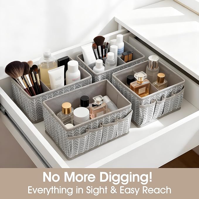 VERONLY Cosmetic Storage Bins Makeup Organizer, Adjustable Multifunction Storage Box Desk Drawer Divider for Makeup Brushes, Bathroom Countertop or Dresser, Set of 4 (Grey)