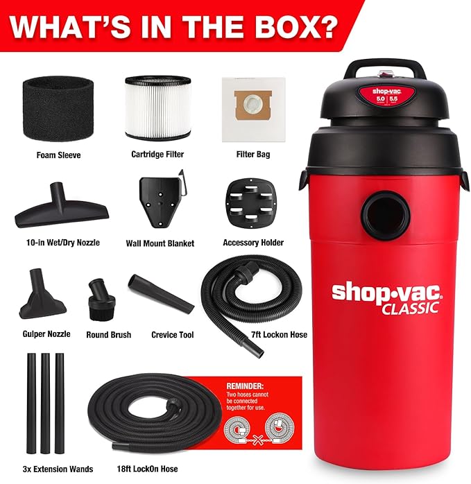 Shop-Vac 5 Gallon 5.5 Peak HP Wet/Dry Vacuum, Wall Mountable Compact Shop Vacuum with 18+7Ft Long Hose & Attachments, Ideal for Jobsite, Garage, Car & Workshop. 9522236
