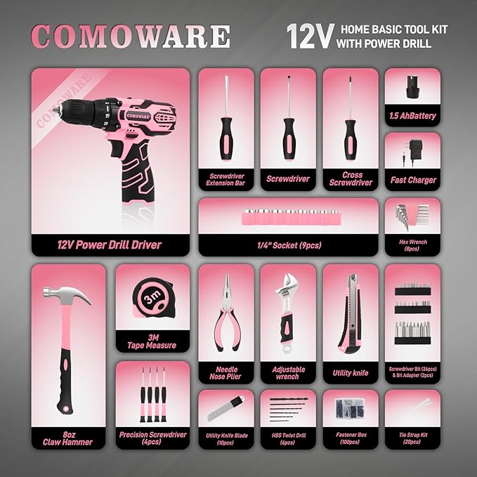 COMOWARE Pink Household Tool Set with 12V Cordless Drill Driver, Hand Tool Kit for Women, Power Drill Set with Plastic Toolbox, Ideal for Office, Garden, DIY Project