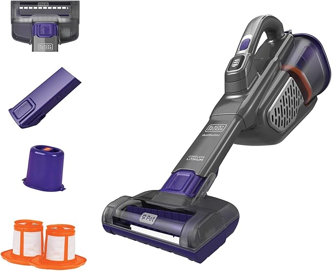 BLACK+DECKER dust buster Handheld Vacuum Cordless, Pet Hair Vacuum, Portable for Home and Car with Pet Brush, Rechargeable, Powerful Suction, Washable Bowl Filter,furbuster AdvancedClean (HHVK515JP07)