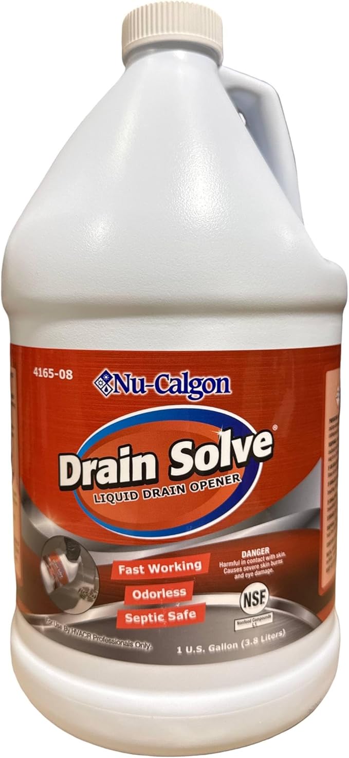 Nu-Calgon 4165-08 Drain Solve Alkaline Line Cleaner – 1 Gallon HVAC Condensate & Plumbing Clog Remover, Non-Fuming, Septic Safe, NSF Registered