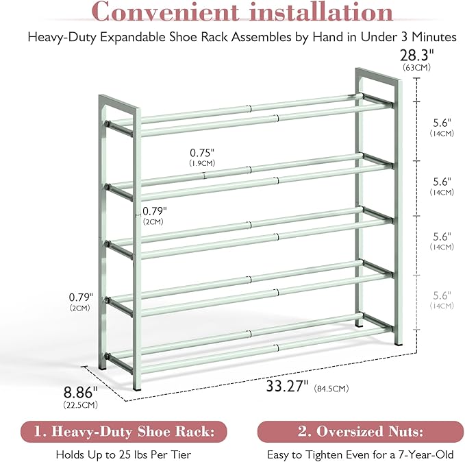 Bumusty 5-Tier Expandable Shoe Rack for Closet, 18“-33” Adjustable Shoe Rack for Small Space, Small Shoe Organizer for Front Door, Sturdy Metal,Green