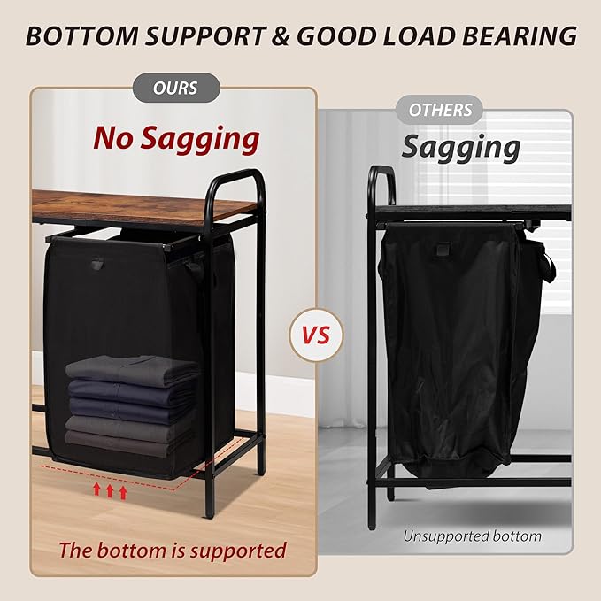 3 Section Laundry Hamper with Shelf, Laundry Basket Organizer with 3 Pull-Out Removable Bags 3×12.3Gal(46.6L), Laundry Sorter for Clothes Organization in Bedroom, Laundry Room, Brown