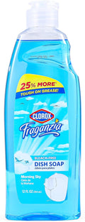 CLOROX Fraganzia Liquid Dish Soap | Smells Great and Cuts Through Tough Grease Fast | Quick Rinsing formula Washes Away Dirt | A Powerful Clean You Can Trust, Morning Sky Scent, 12 Ounces