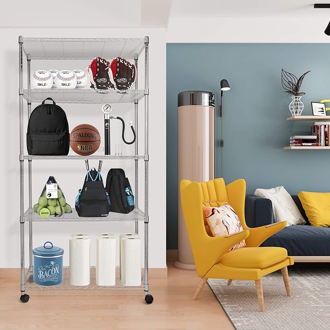 YSSOA Heavy Duty 5-Shelf Storage Shelves, 1750Lb Loading Capacity, 35.43" W x 17.72" D x 70.87" H Adjustable Shelving Unit with Wheels, Chrome, 2 Pack
