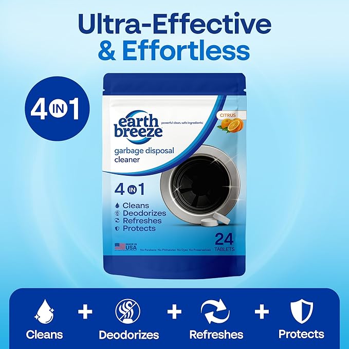 Earth Breeze Garbage Disposal Cleaner Tablets – 4-in-1 Citrus Scented Tablets that Clean, Deodorize, Refresh & Protect – Powerful Cleaning Action for Sink & Disposal – No Harsh Chemicals - Made in USA